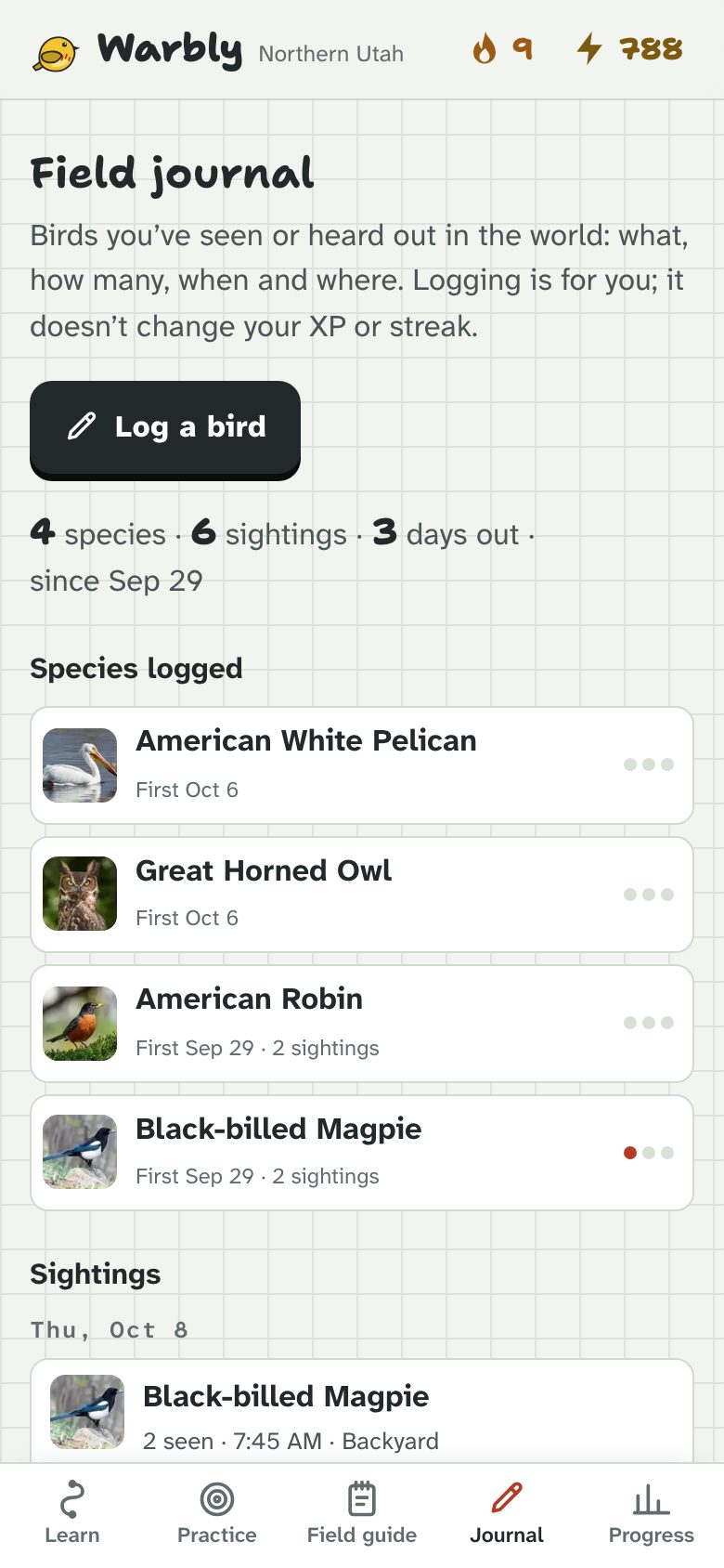 The field journal: species logged and sightings by day