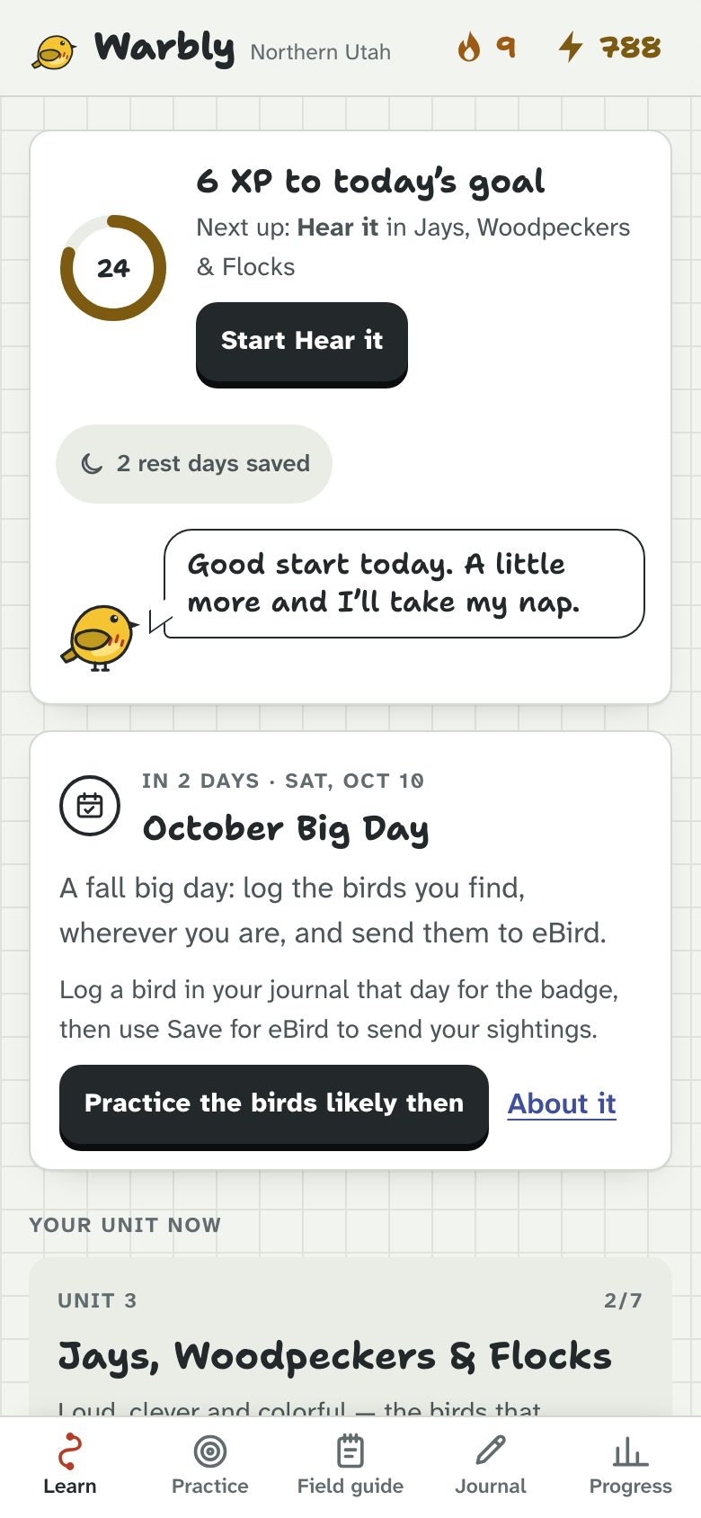 The Learn tab: today’s goal, Warbly and the path through the first unit